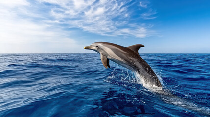 Fototapeta premium Dolphin jumping above ocean waves under blue sky, showcasing its grace and beauty