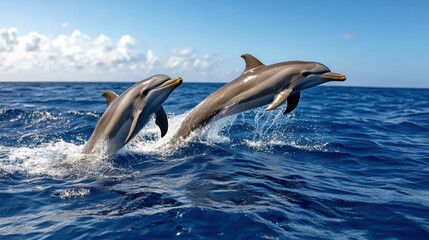 Fototapeta premium Dolphins jumping in ocean water, showcasing their playful nature and agility