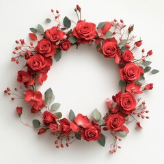 Red roses arranged in a wreath frame, isolate on white background.