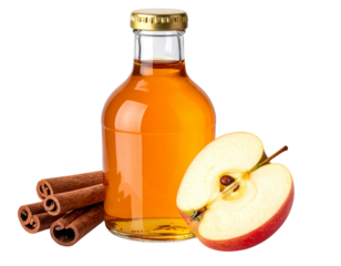  Rustic Bottle of Apple Cider with Cinnamon Sticks and Apple Slice, Side Angle, isolated on transparent background