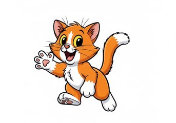 Cute cartoon orange cat waving happily isolated