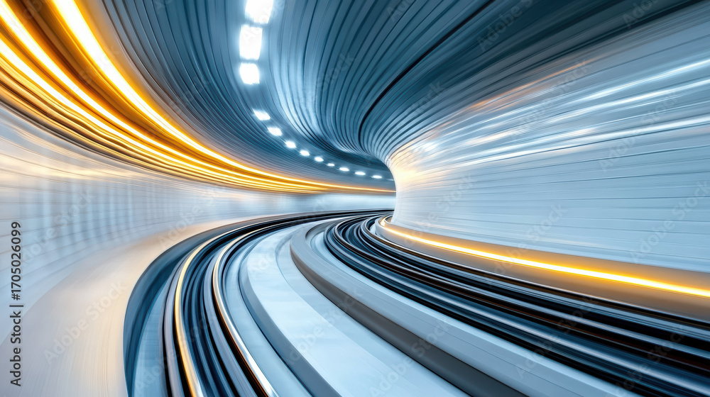 Poster dynamic urban tunnel with motion blur, showcasing train tracks and illuminated walls