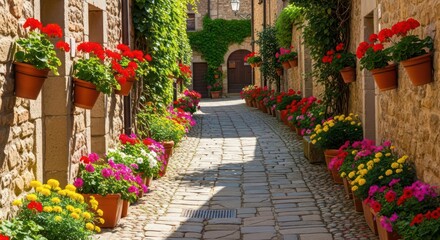 Charming Cobblestone Alley Lined with Vibrant Flowers and Stone Buildings