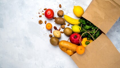 Fresh groceries spilling from a brown paper bag.
