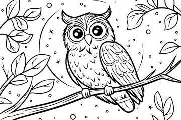 Obraz premium Cute owl coloring page for kids sitting on a branch at night, simple cartoon vector style with bold black outlines in black and white