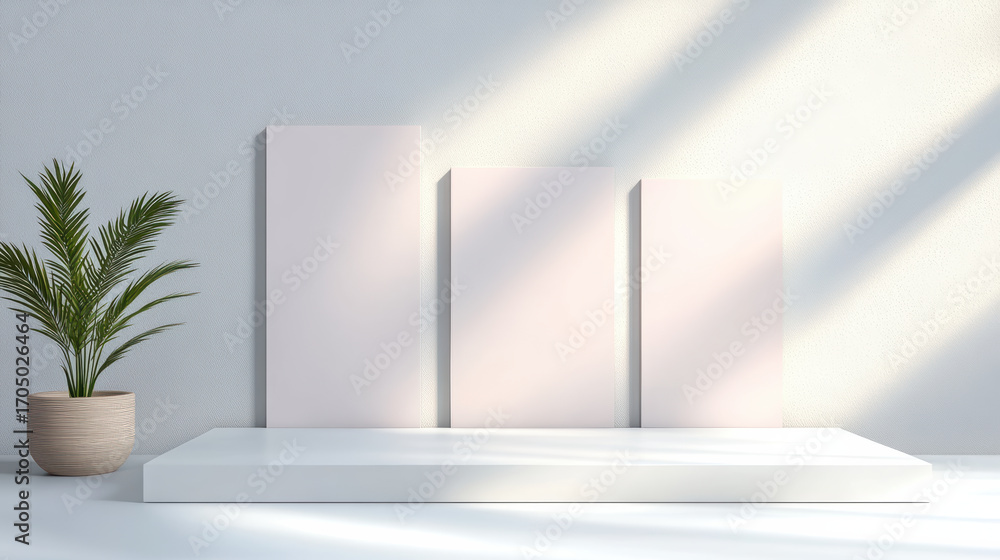 Aufkleber minimalist display with three blank canvases and potted plant, creating serene atmosphere