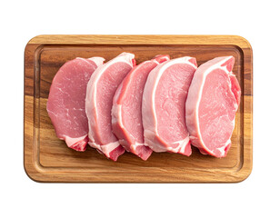 Stack of Raw Pork Chops on Round Wooden Cutting Board with Herbs, Front View, isolated on transparent background