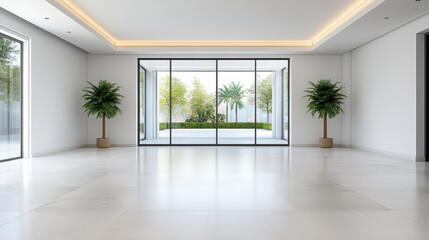 Spacious minimalist interior with large windows and greenery, creating serene atmosphere