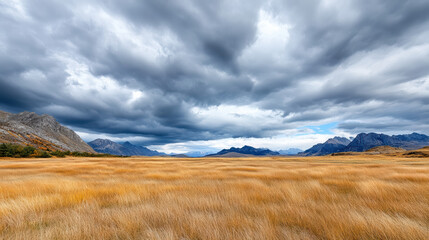 Moody landscape featuring golden grass under dramatic storm clouds with distant mountains