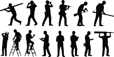 Silhouettes of construction workers with tools, helmets, different poses, ladders, manual labor, safety gear, worksite activity, teamwork, industrial job, building