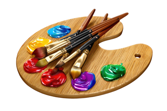 Wooden palette with paint and brushes