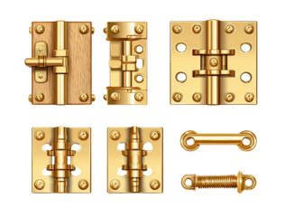 Six gold-toned metal door hardware items, depicting hinges, latch, and possibly a spring.  Various styles of door fastenings, including overlapping and butt hinges.  