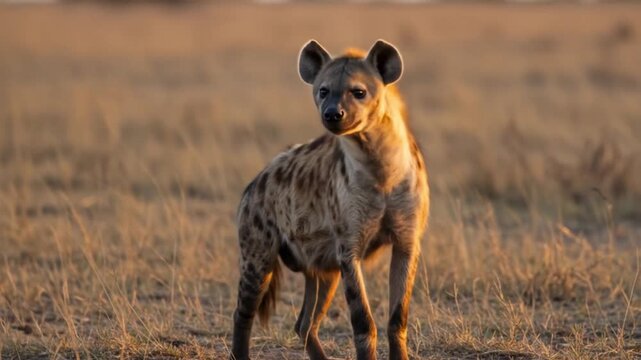 Wild spotted hyena standing in the African savanna. AI video