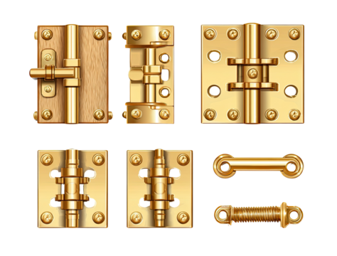 Six gold-toned metal door hardware items, depicting hinges, latch, and possibly a spring.  Various styles of door fastenings, including overlapping and butt hinges.  
