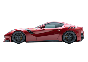 Red sports car side view.  Glossy,  racing-style coupe.  Dark rims,  low profile