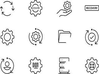 Data Recovery and System Maintenance Line Icon Set: Process, Gear, and Repair Symbols