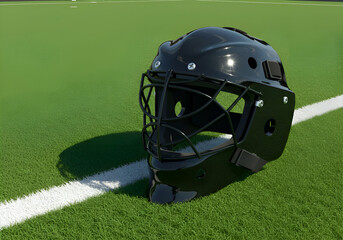 Black hockey goalie helmet on green field. Protective gear resting on a field's edge. Professional athlete, goalie, hockey rink. High-quality image.
