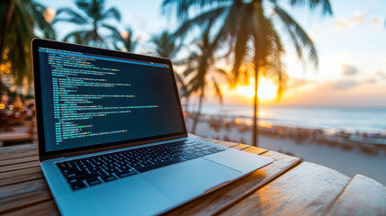 Laptop displaying code sits wooden table with beautiful sunset and palm trees background