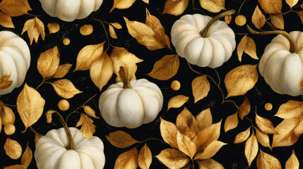 White pumpkins with golden leaves on black background, elegant luxury autumn pattern