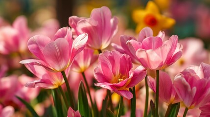 Pink tulips fill the frame lit by sunlight in a softfocus garden setting