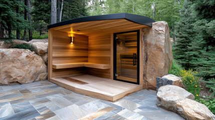 Modern outdoor sauna forest setting with natural wood design, surrounded by rocks and greenery