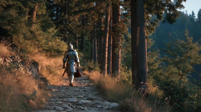 Medieval knight in full armor walking down a forest path on a stone pathway warm light dark trees outdoor
