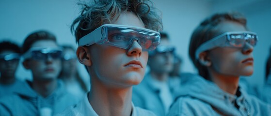 Virtual classrooms: bridging technology and imagination in learning. Hero shot. Immersive tech: subtle ar interactions in ai education lab. Studio portrait. Color background.