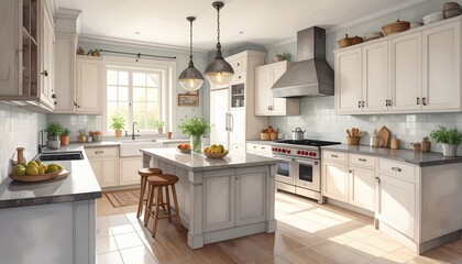 Fototapeta premium A bright and airy kitchen, featuring light beige cabinets, a granite countertop, and a sunny window, displays a peaceful and inviting atmosphere.