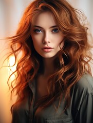 Fototapeta premium Portrait of a woman with long auburn hair and blue eyes wearing a green shirt in soft lighting