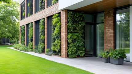 Naklejka premium Modern building with vertical green installations, showcasing blend of nature and architecture