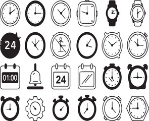 Clock and Time Icons Set Vector | Watch, Alarm, Timer, Stopwatch, Schedule Line Design Collection
