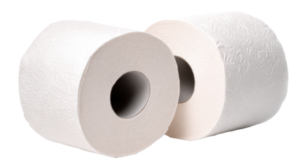 Two rolls of white toilet paper, side-by-side,  resting on a plain background.  The paper is textured, and a central hole in each roll allows for easy placement on a holder
