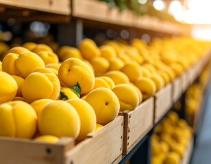 Fresh peaches in wooden crates at a market