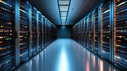 High tech server room with illuminated racks and sleek design, showcasing advanced technology
