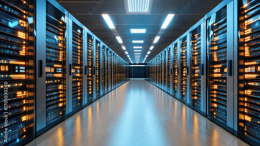 Poster high tech server room with rows of glowing servers and advanced ai processing technology
