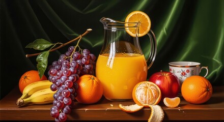 Still Life with Orange Juice, Grapes, and Apples on Wooden Table