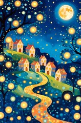 Obraz premium Whimsical night scene features a row of charming houses with red roofs on rolling green hills. A glowing, winding path leads up the hill. The night sky is filled with a large, luminous moon and dotted