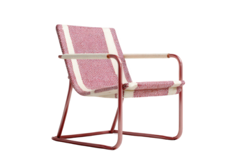 Modern armchair with red and white striped fabric isolated on transparent background