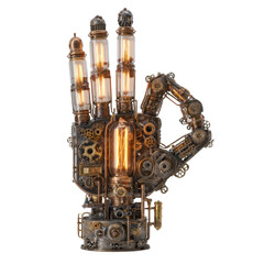 Intricate mechanical hand sculpture with illuminated glass tubes against stark isolated transparency
