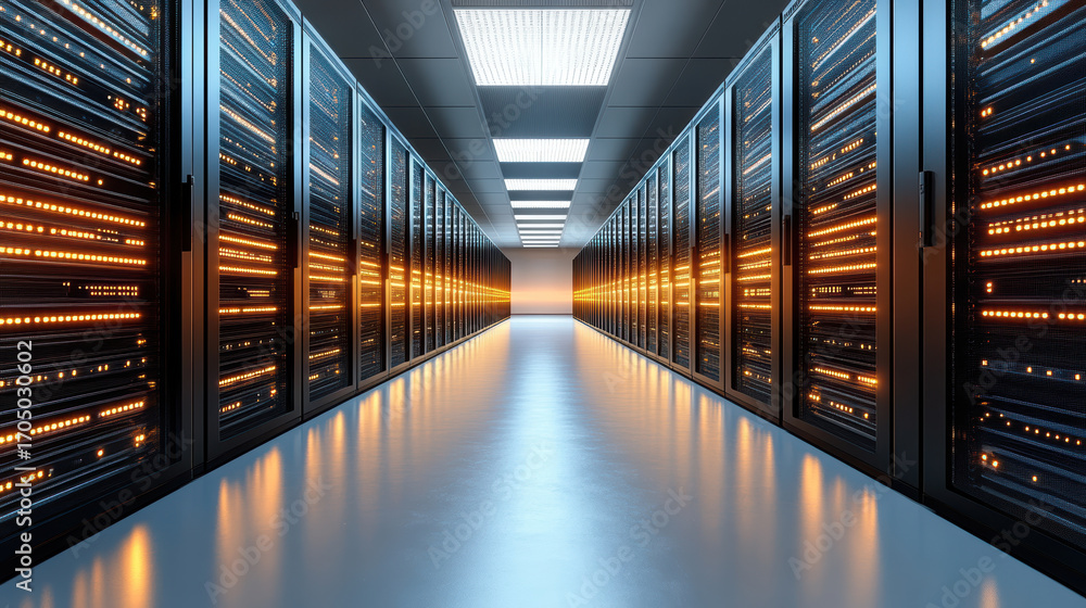 Poster high tech server room with glowing network diagnostics lights and sleek design