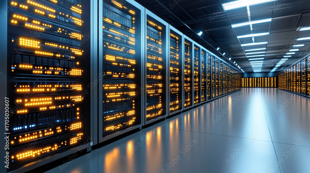 Poster high tech server rack with glowing network diagnostics lights in modern data center