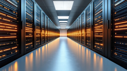 High tech server room with glowing network diagnostics lights and sleek design