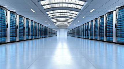 High tech server racks glowing blue in clean enterprise data center environment