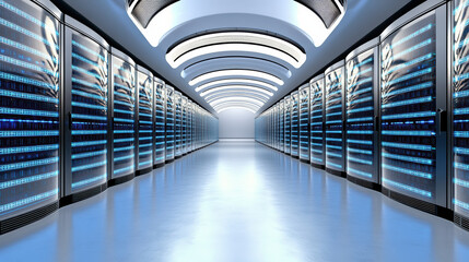 High tech server racks glowing blue in clean, modern data center environment