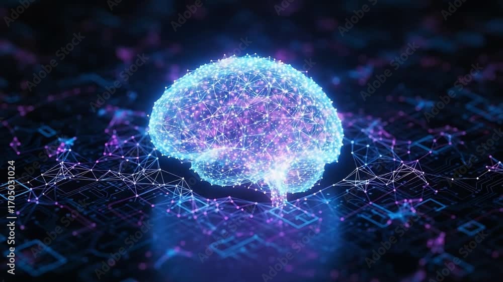 Poster digital brain visualization with neural network connections in futuristic tech environment