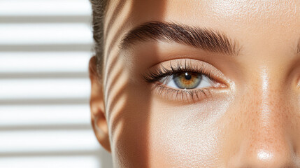 Close up of woman eye with natural makeup, showcasing clear skin and defined eyebrows soft