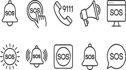 SOS Emergency Alert and 911 Hotline Line Icons Set 