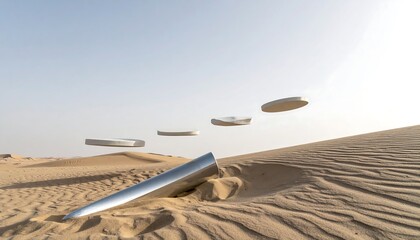 UFOs flying over a desert landscape with a crashed object.