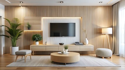 Modern living room interior with wooden wall paneling and minimalist furniture