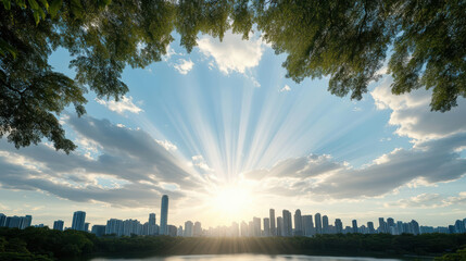 Obraz premium Golden rays of sunlight burst through clouds over city skyline, creating serene atmosphere